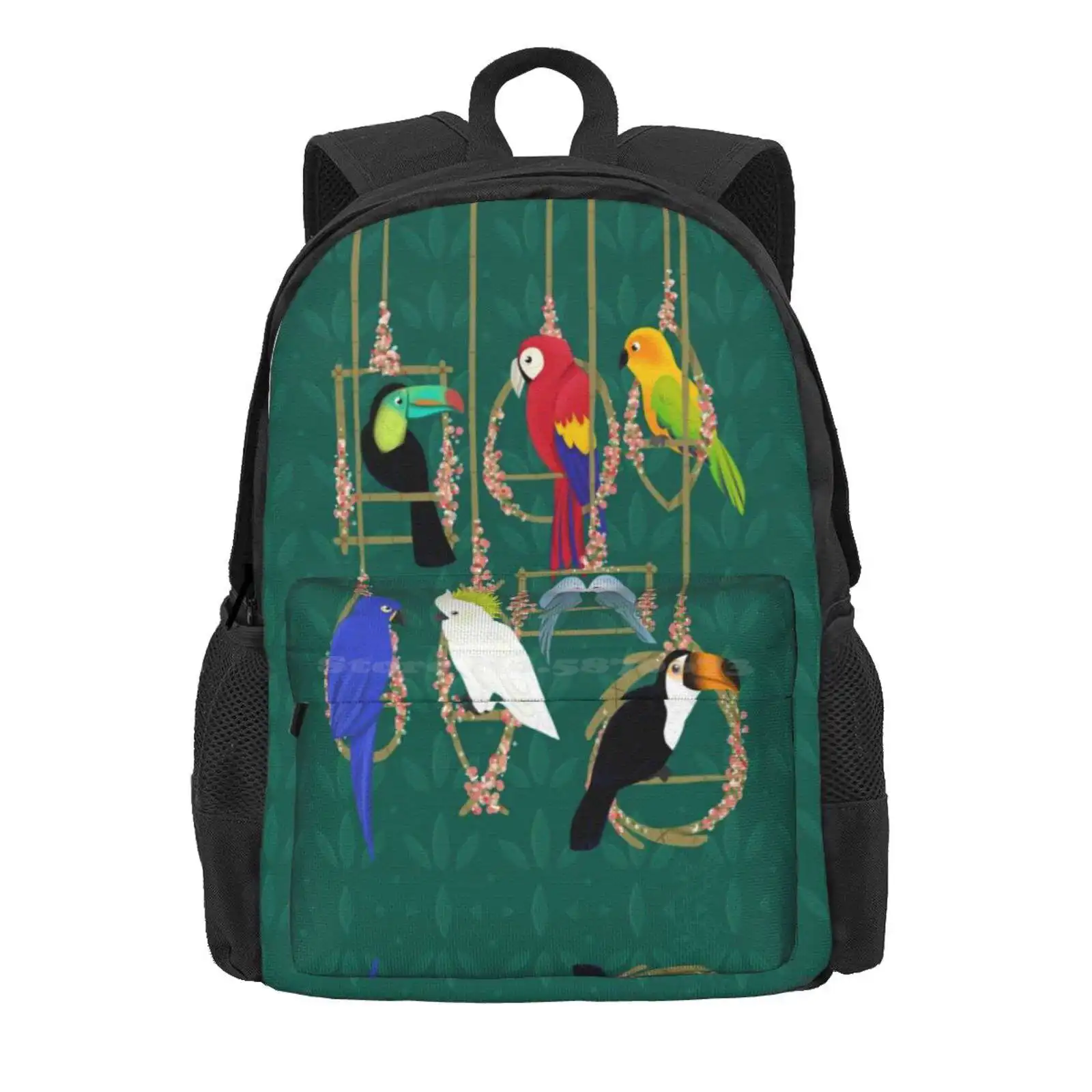 Tropical Getaway Hot Sale Schoolbag Backpack Fashion Bags Bright Colorful Tropical Tiki Room Parrot Summer Parakeet Cockatoo