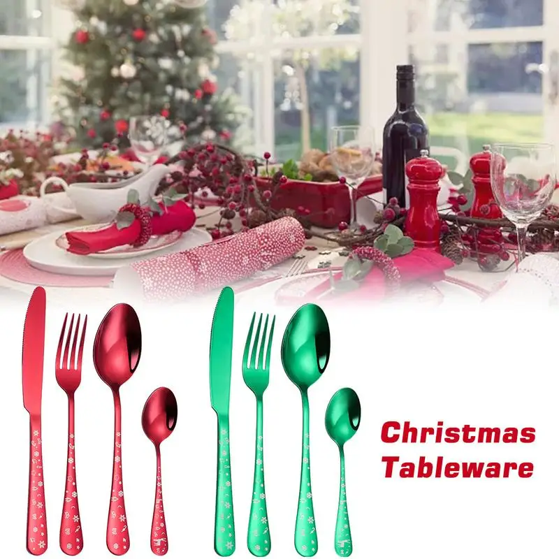 4pcs/set High Quality Christmas Flatware Set Stainless Steel Red Green Dinnerware Knife Fork Spoon Cutlery Dishwasher Safe