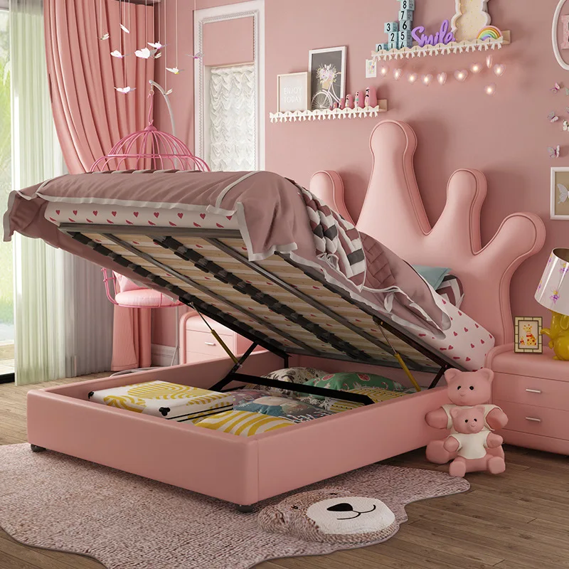 Children's bed girl dream pink girl princess bed simple crown single bed leather 1.5 meters Nordic leather bed