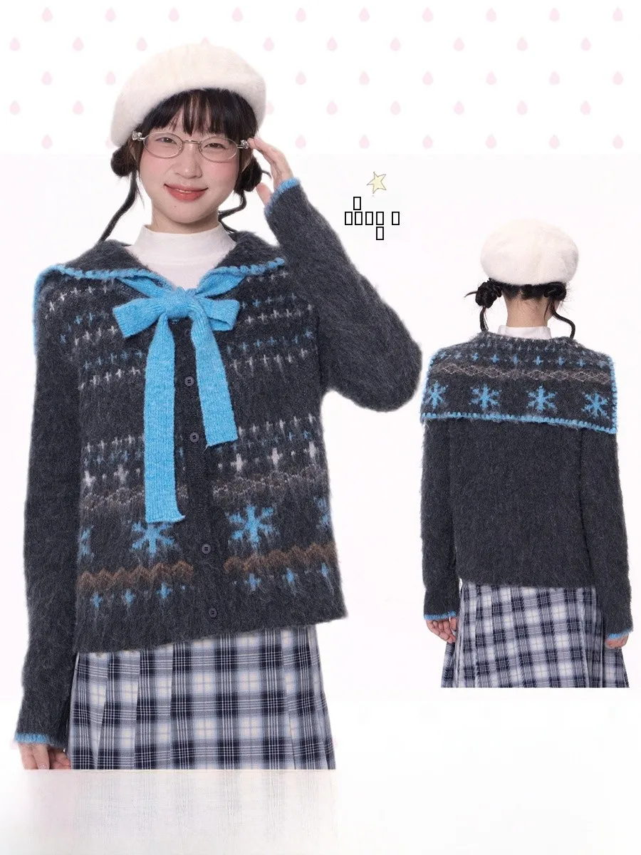 

Нежный японский вязаный кардиган с длинными рукавами и воротником-стойкой для женщин, с шарфом, теплый, для повседневной носки, из Китая