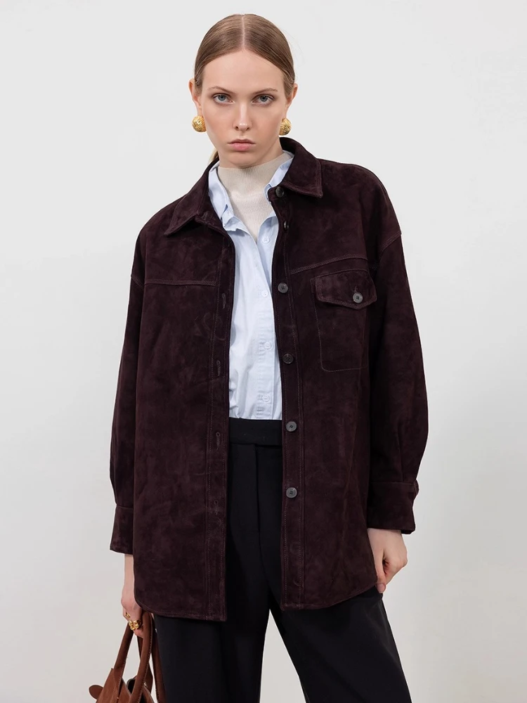

Vintage Genuine Leather Suede Jackets for Women Autumn Winter 2026 New High-end Simple Classic Loose Real Goatskin Leather Coat