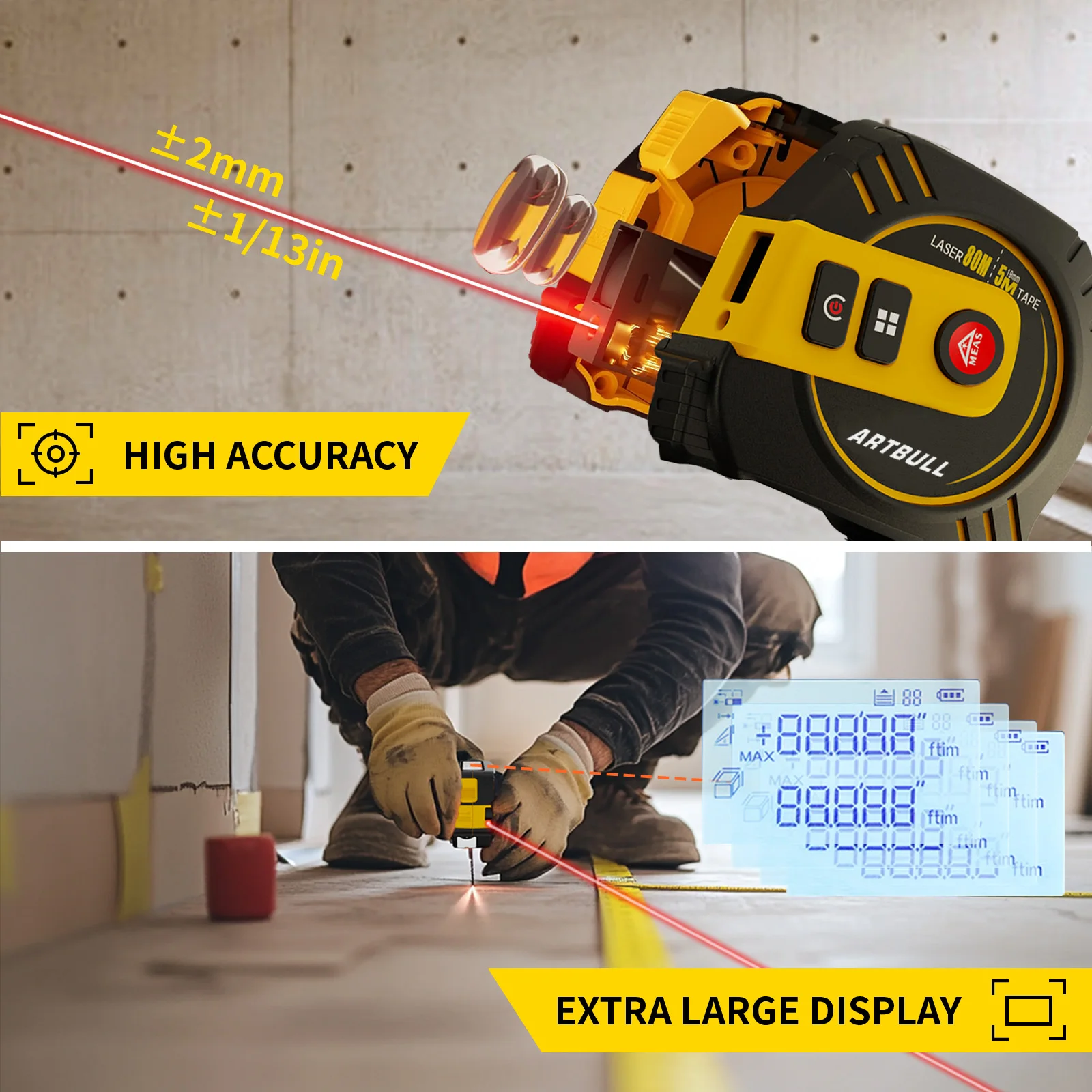 2in1 Multifunction Rechargeable 80m 40m with 5m Tape LCD Display with Backlight Laser Rangefinder Laser Tape Measure