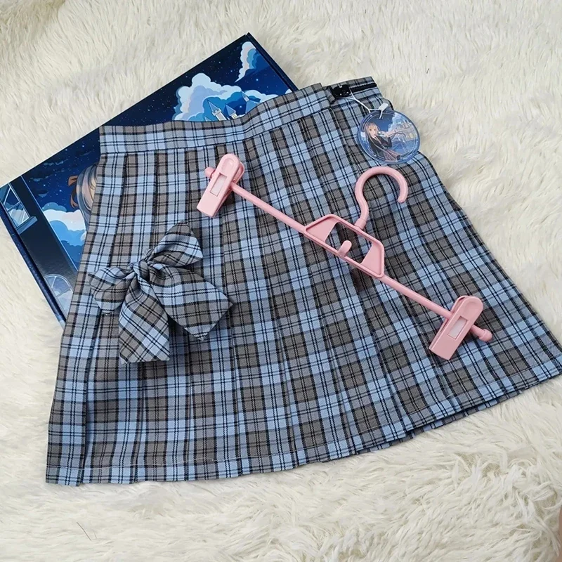 النمط الياباني منقوشة تنورة المرأة 2025 جديد الصيف عالية الخصر ضبط زر مطوي التنانير Y2K طالب لطيف الأزرق القوس التنانير الصغيرة #3