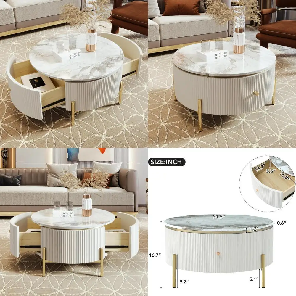 

Современный овальный журнальный столик с двойными ящиками для хранения, кремово-белый