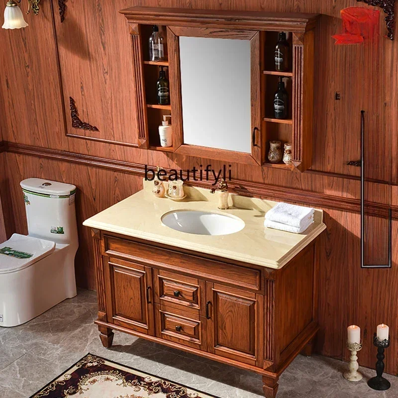 

American bathroom cabinet, bathroom floor-to-ceiling bathroom cabinet, red oak solid wood wash basin, washstand