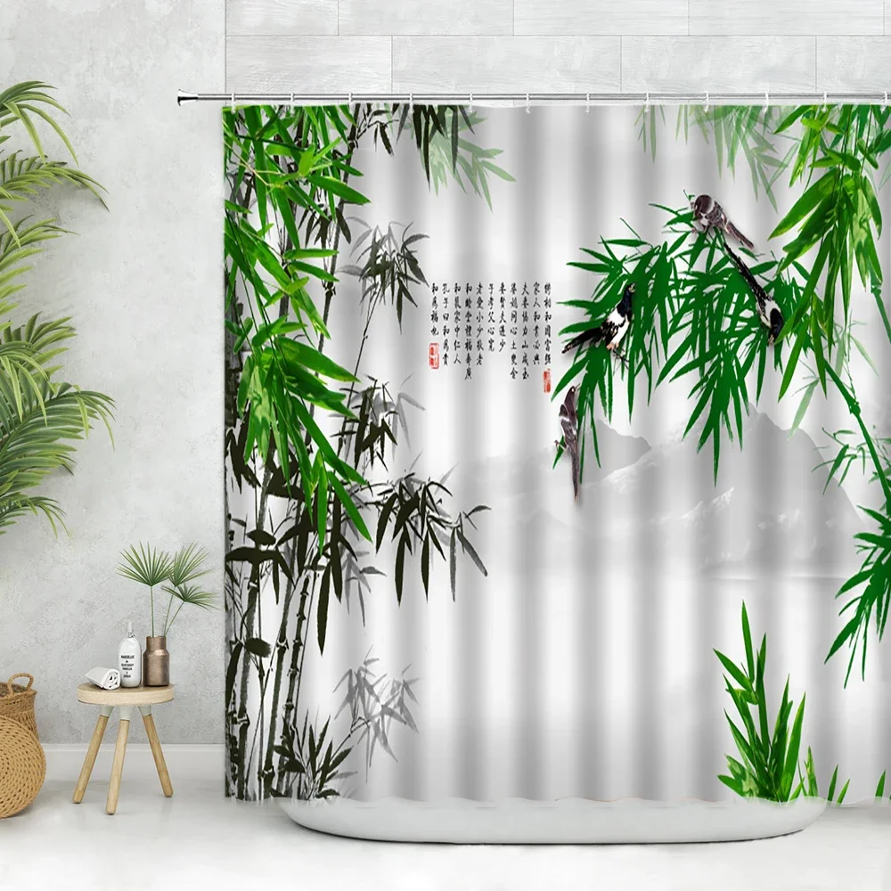 Bamboo Shower Curtains Chinese Alphabet Design for Tranquility Harmony and Peace Words Asian Art Pattern Bathroom Decor Curtain