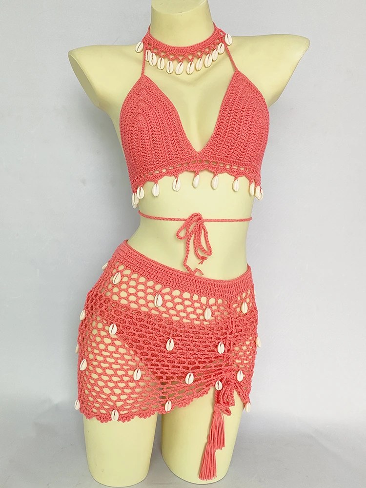 Ensemble de bikini 4 pièces pour femme, haut à pampilles coquillage au crochet, string sexy, transparent astronomique, bandage évidé, taille haute, jupe de plage courte