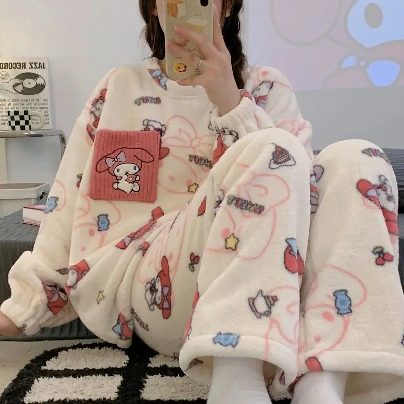 

Women 2Pcs Plush Pajamas Suit Kawaii My Melody Hello Kitty Anime Winter Soft Loungewear Girls Cute Long Sleeves Pants Homewear