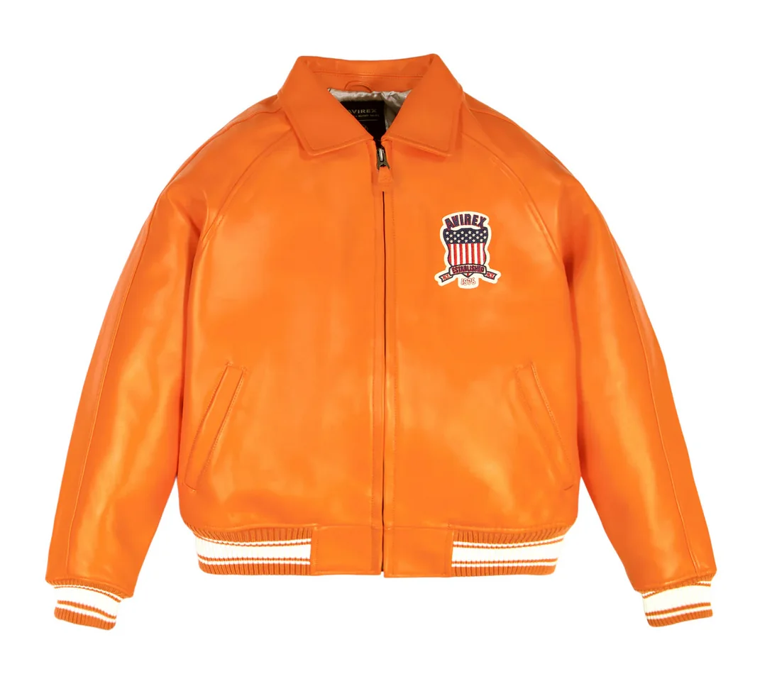 

AVIREX Classic Men's Military-Inspired Signature Flight Jacket Safety Orange European Import Vintage Lambskin Leather Jacket top
