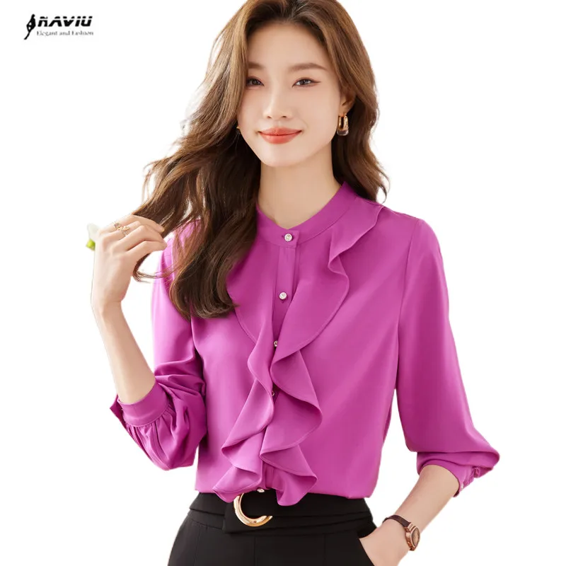 NAVIU Purple Shirt Women High End New Autumn Elegant Temperament Formal Long Sleeve Blouses Office Ladies Work Tops White