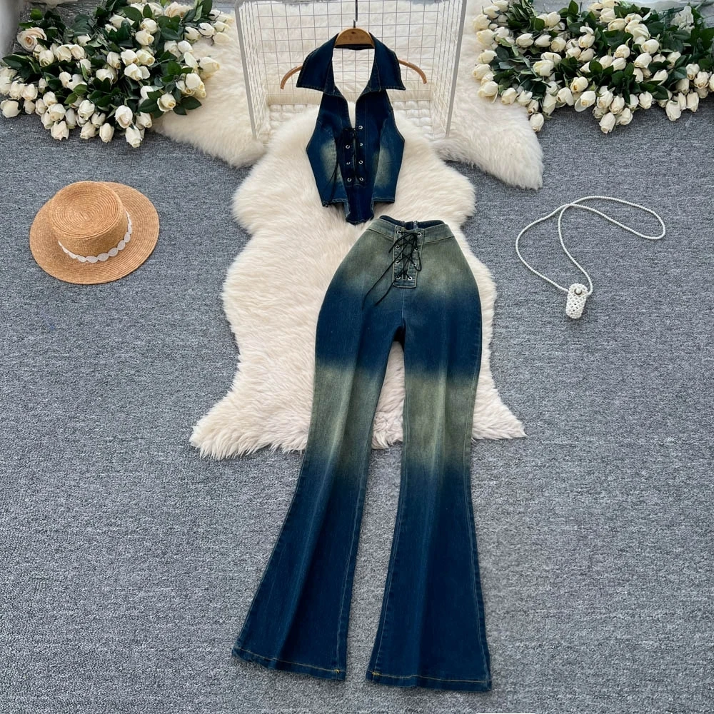 Denim Set Strapless Off-the-Shoulder Crop Tops + High-Waist Skinny Slimming Pants Gradient Color Belted Denim Outfits