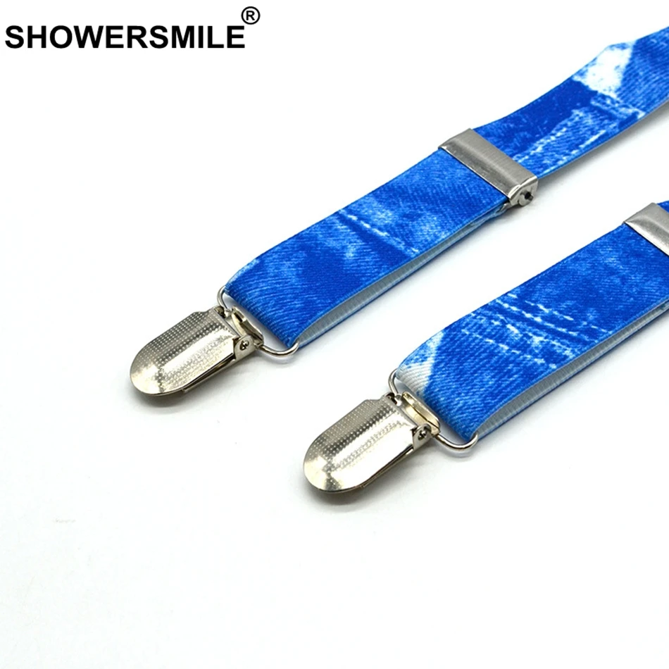 Showersmile meninos suspensórios impressão denim azul suspensórios e gravata borboleta conjunto crianças couro 4 clipes elástico ajustável criança calças cinta