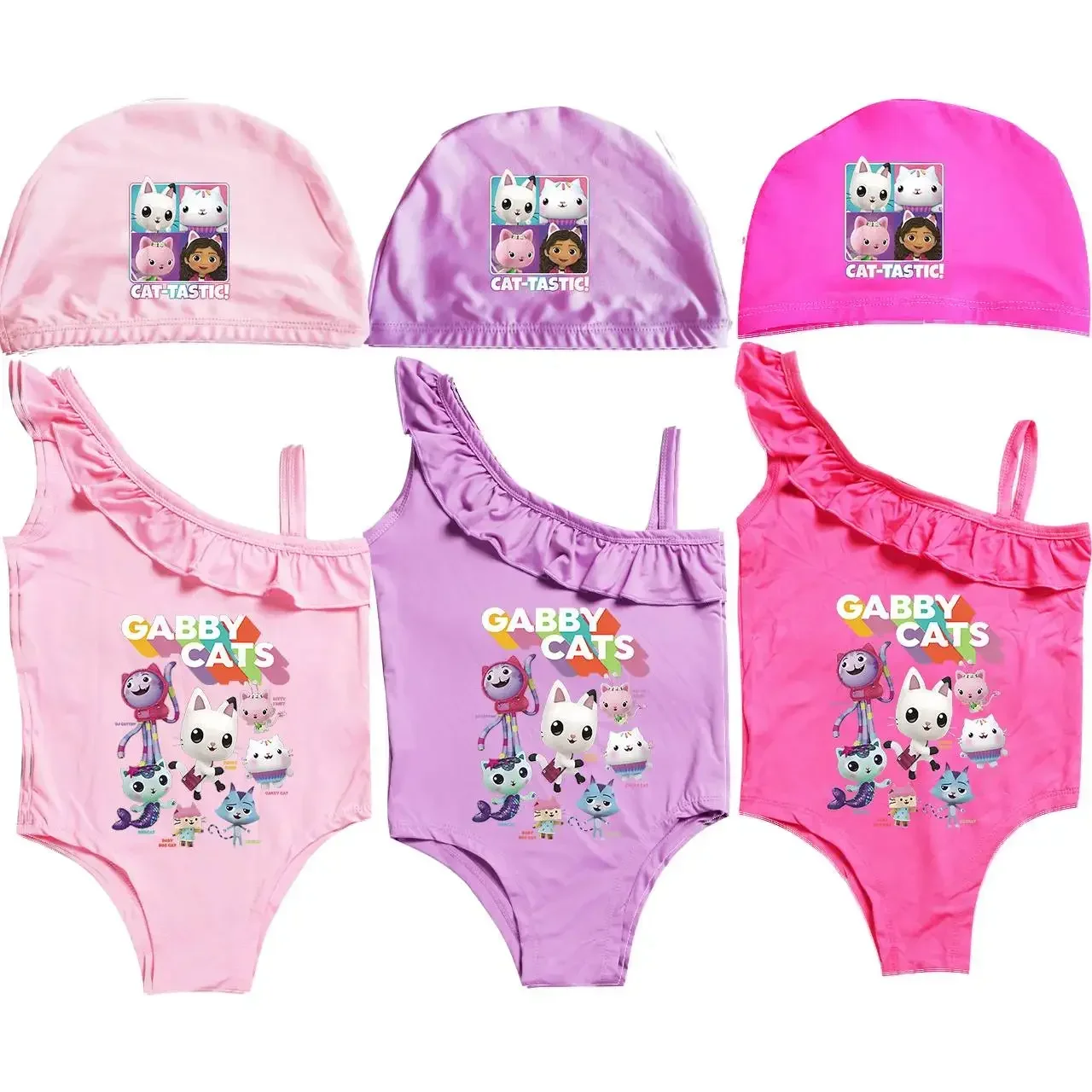 Gabbys Doolhouse costumi da bagno bambini Cartoon BeachWear con berretto 2 pezzi Set ragazza senza maniche costume da bagno ragazze Cartoon Gabby