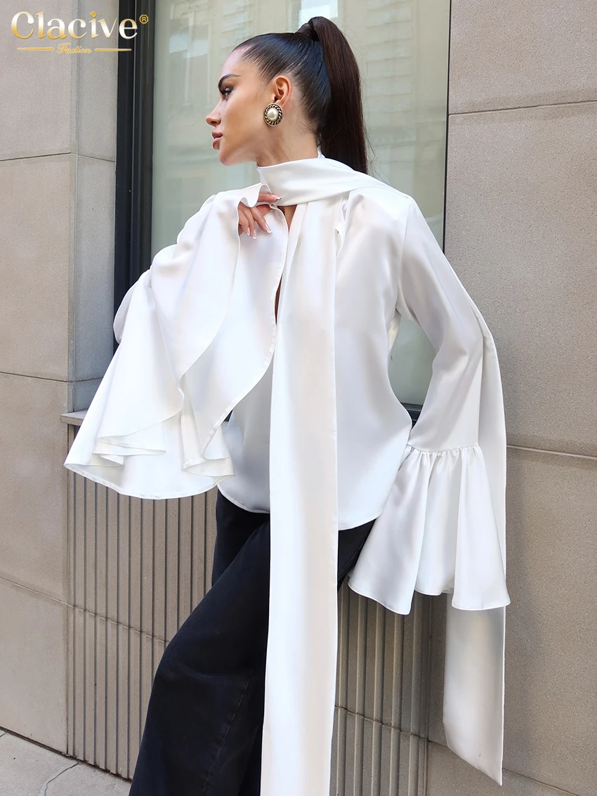 

Clacive Fashion Loose White Satin Women Shirt 2026 Casual Bow Collar Long Sleeve Lady Shirts Elegant Classic Top Female Clothing