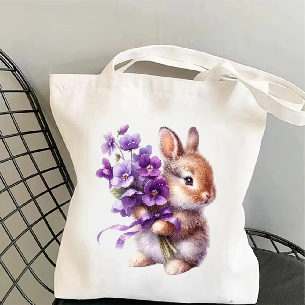 Bolso de mano de lona con estampado de conejito, ecológico, con estampado de conejo y flores violetas, para compras, fiestas, yoga, uso diario