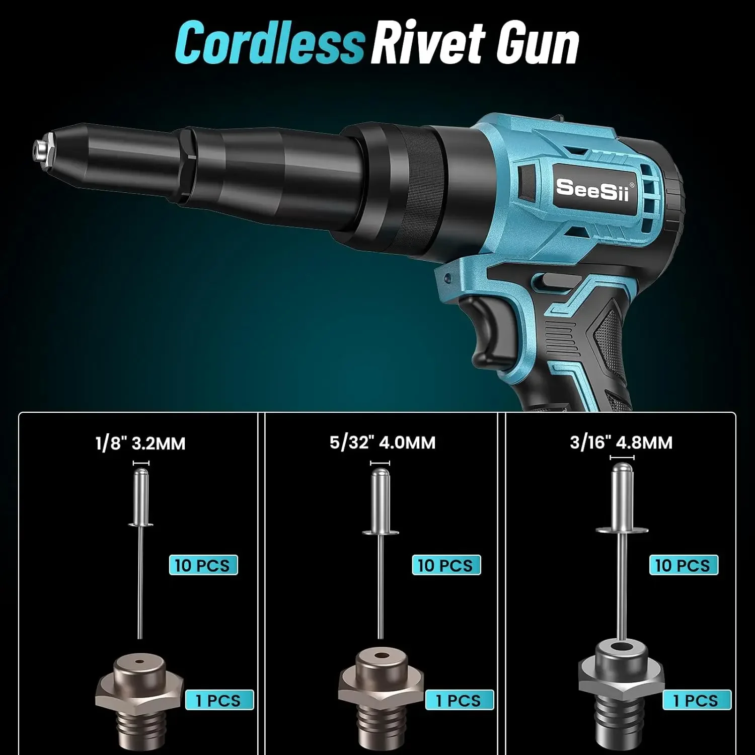 Cordless Rivet Gun, Brushless Rivet Nut Tool with 2x21V Batteries, Quick Change Nosepieces, Variable Speed, 30Pcs Rivets