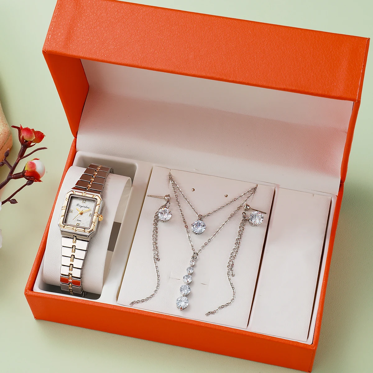 

Элегантный женский набор: часы и украшения — квадратные двухцветные наручные часы, колье с кристаллами и серьги-подвески, роскошный подарок для нее