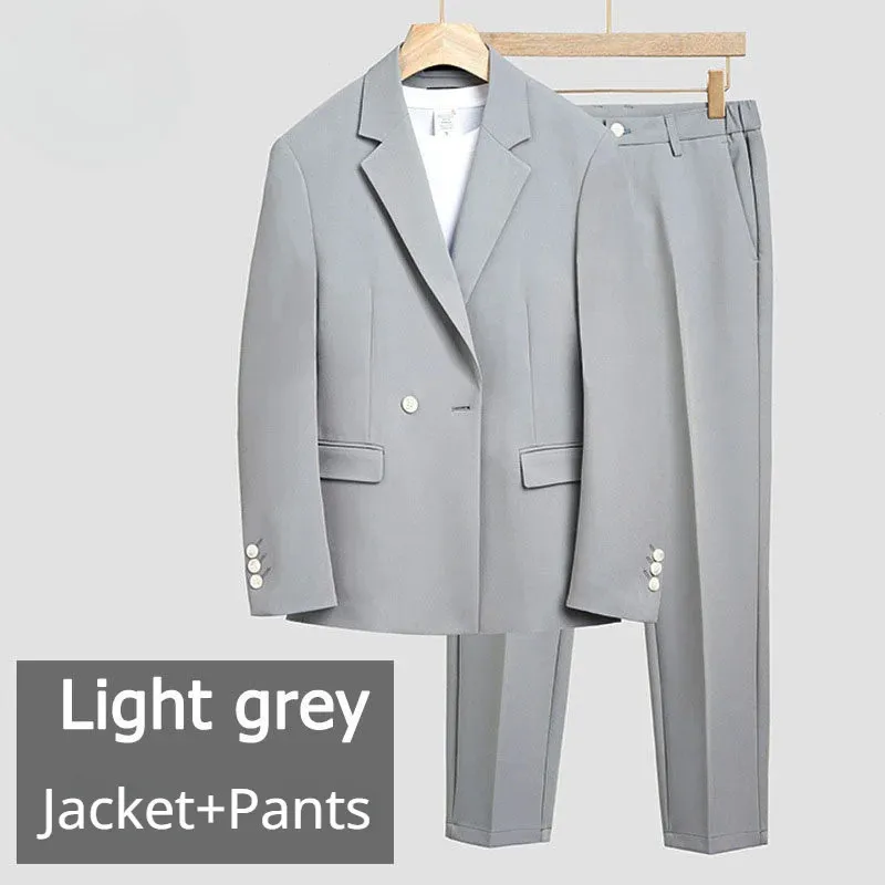 

Korean 2 Pieces Top+ Pants Suit Mens Solid Color Loose Causal Fashion Single Button Tops