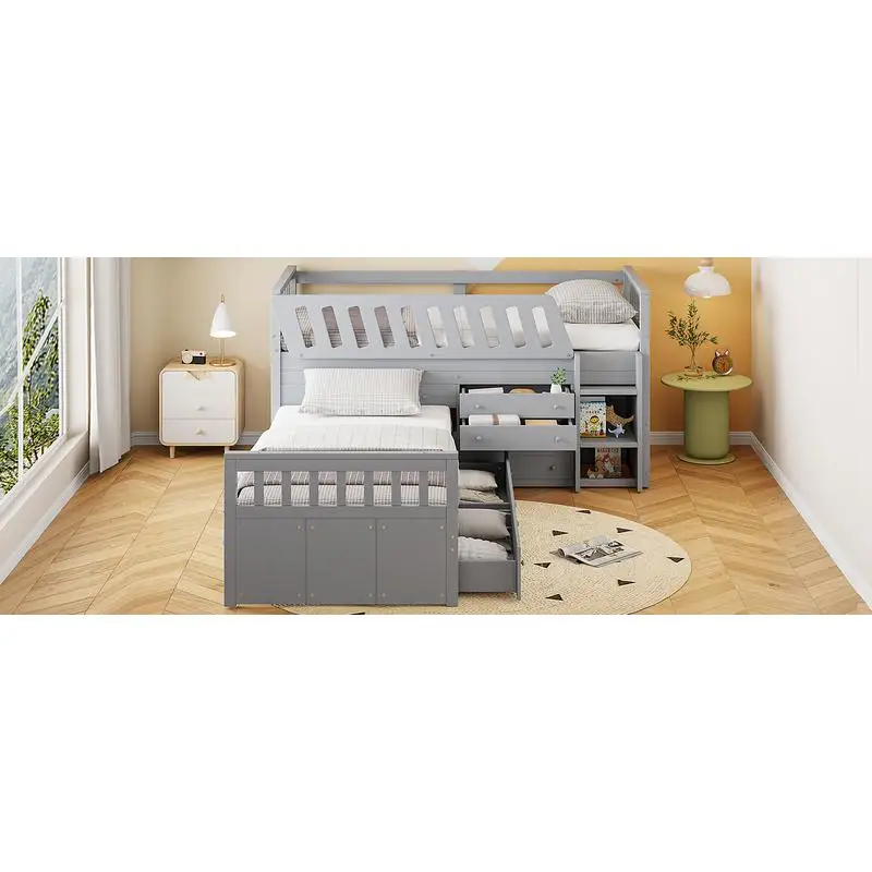 سرير علوي مزدوج موفر للمساحة على شكل حرف L مع منصة مزدوجة و7 أدراج، ودرابزين كاملة، رمادي #3