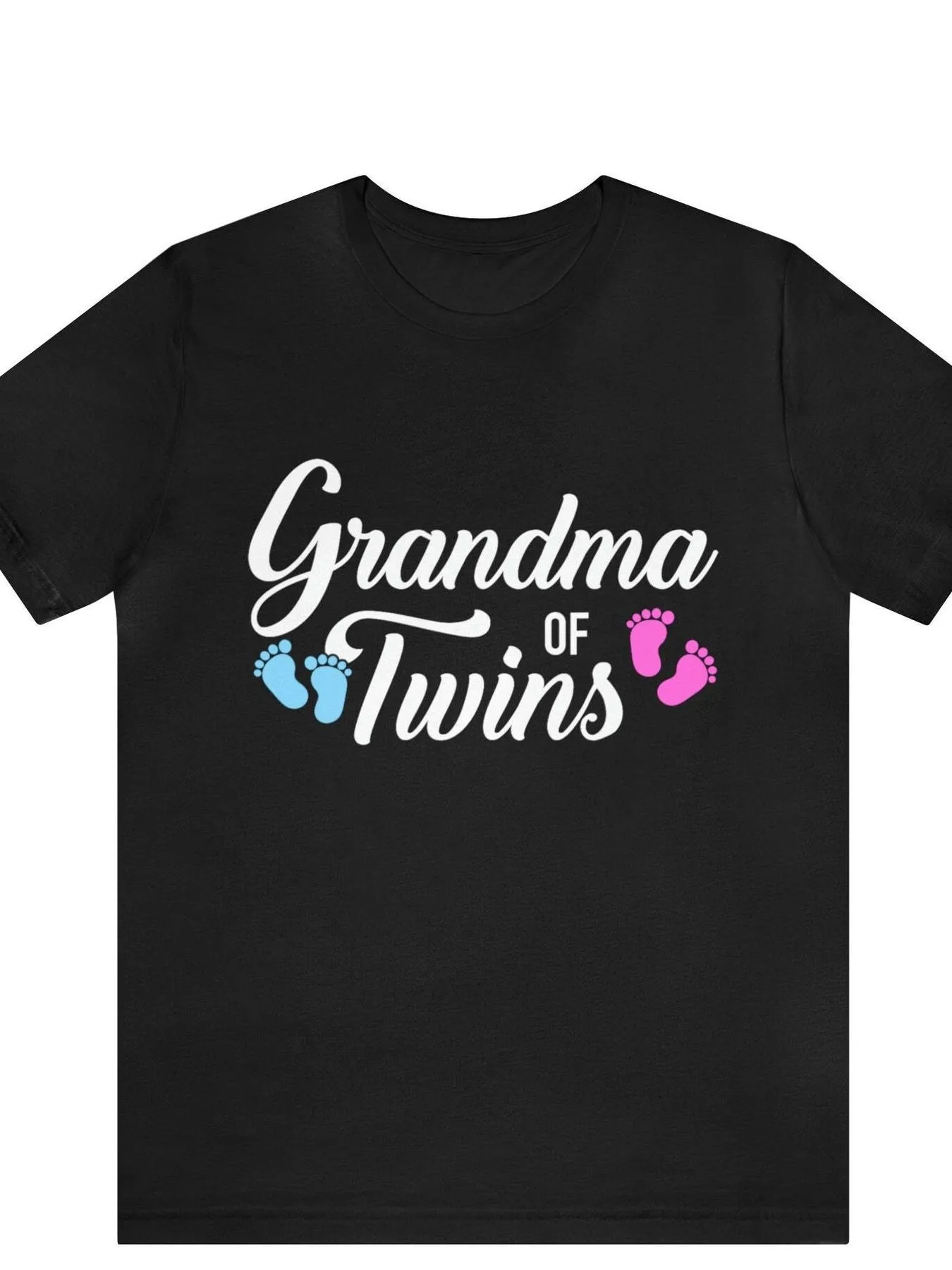 เสื้อยืดฉลองคุณยายแฝดผ้าฝ้าย ลายรอยเท้าสีดำ น้ำเงิน และชมพู คอกลม แขนสั้น ของขวัญที่เหมาะสำหรับคุณยายคนใหม่ งานเลี้ยงฉลองทารกแฝด และคุณยายวินเทจ