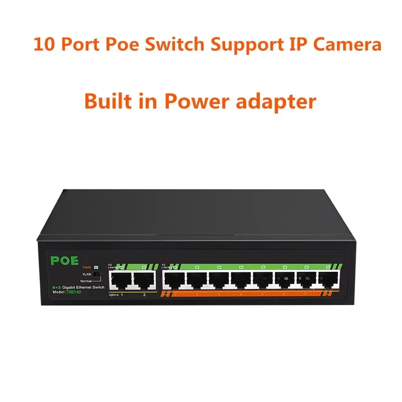 10 Ports POE Switch 48V Power Over Ethernet Network Switch 8 PoE Switch Injector for IP camera/Wireless AP/CCTV Camera System