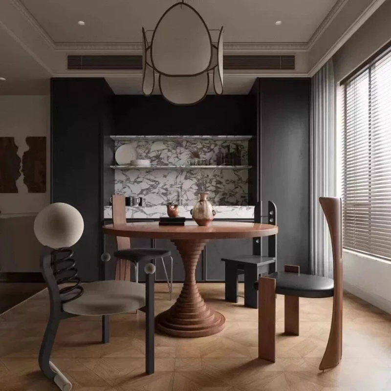 

Dining table round small apartment retro French medium and ancient style home living room solid wood round table log