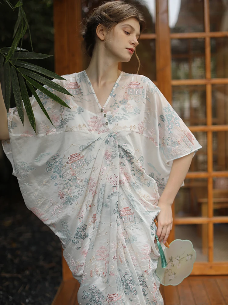 Summer Dress For Women Elegant Sexy V-Neck Luxury Embroidery Oversized Kimono Dress Japanese Style Yukata Dress