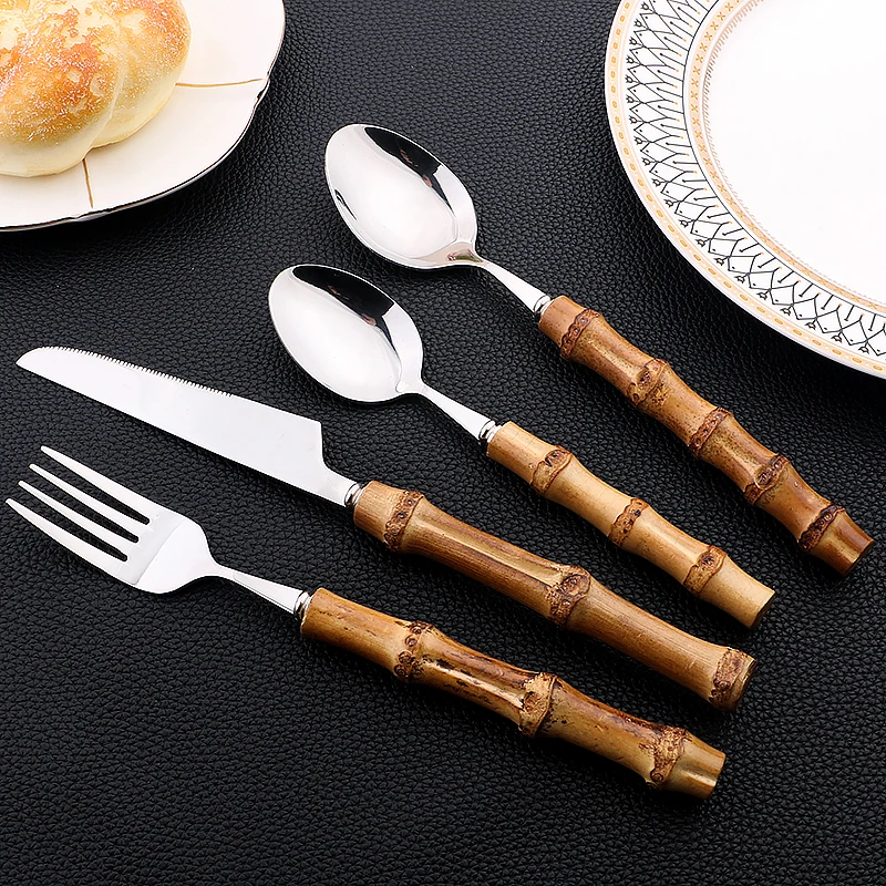 6//24Pcs Dinnerware Sets Bamboo Handle Stainless Steel Creative Flatware Set Knife Fork Spoon Tableware Set Luxury Cutlery Rack