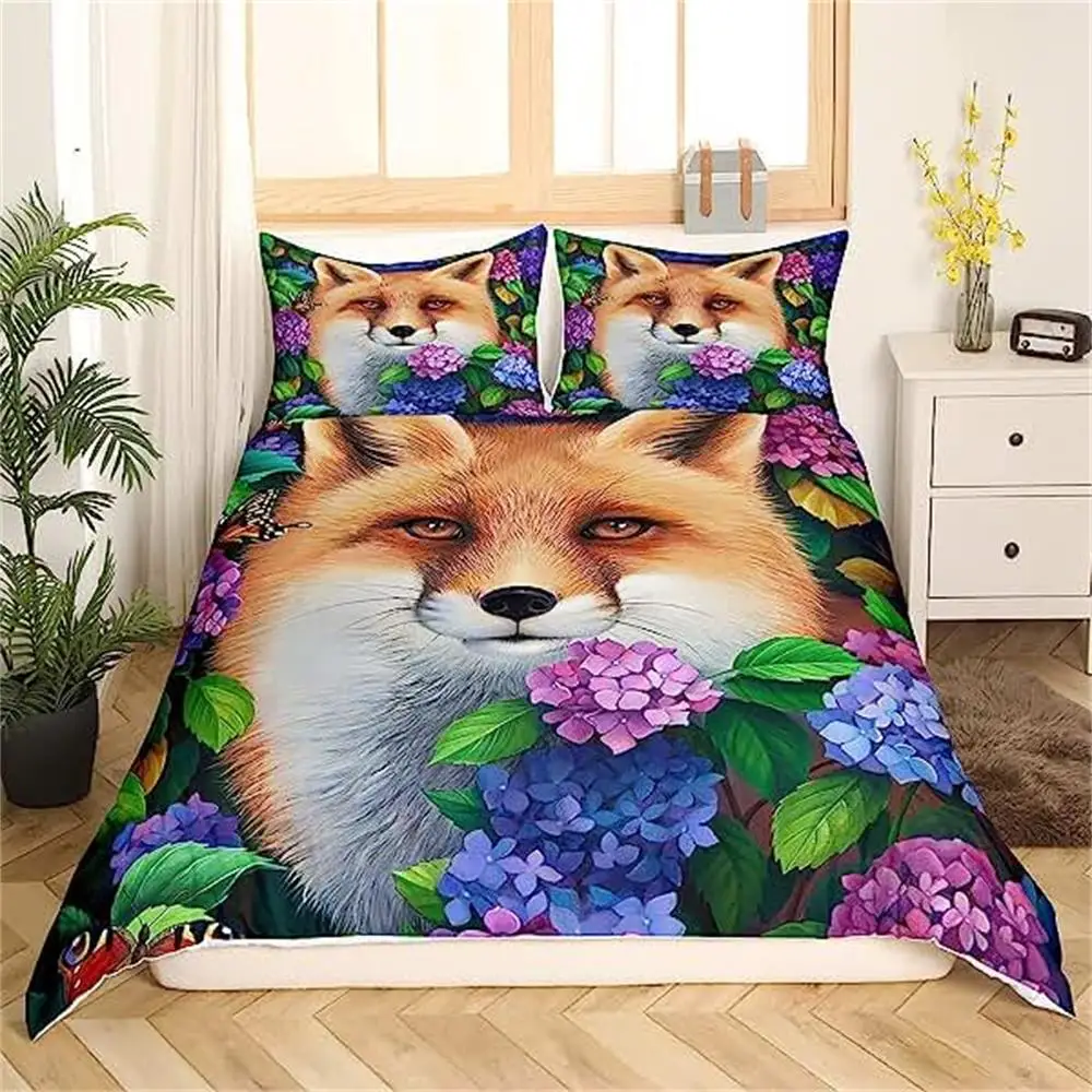 Fox Duvet Cover 3D Fox Animal Theme Polyester Woodland Fox Sly Fox Comforter Cover for Women Men Boys Girls Kids Room Decoration