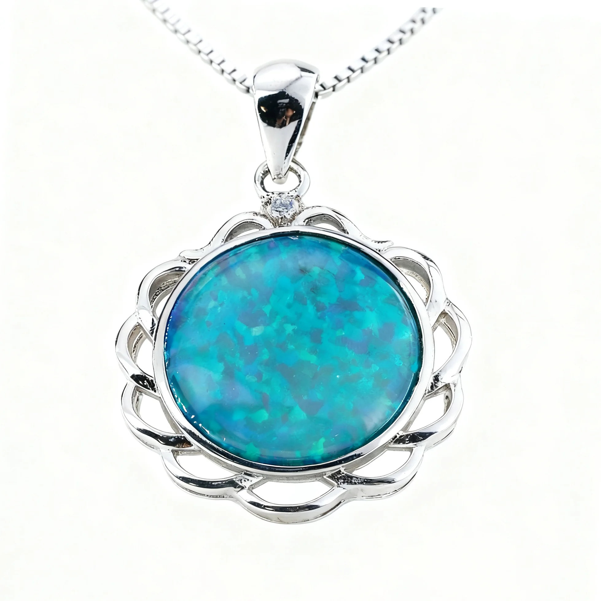 Blue Green Opal Floral Design Necklace for Women, Synthetic Opal Silver and Black Gun Plated Jewelry, Elegant Gift for Her
