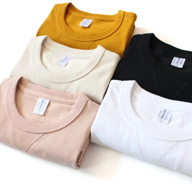 American Cotton 245g Thick Tshirts Rough Seamless Three Needles Retro Roll-neck Men Women Short-sleeved T-shirt Casual Top Tees