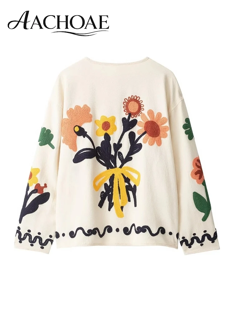 AACHOAE Women Floral Embroidered Jacket Vintage Button Front Collarless Loose Boho Casual Long Sleeve Spring Autumn Outerwear