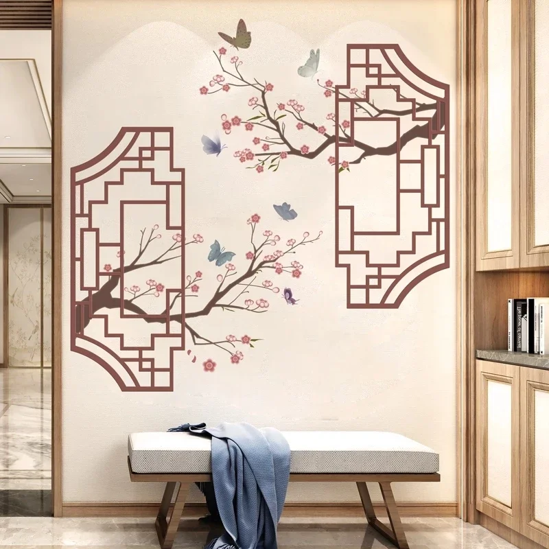 Plum Flowers Plants Wall Stickers DIY Ancient Windows Wall Sticker for Living Room Kitchen Home Decoration