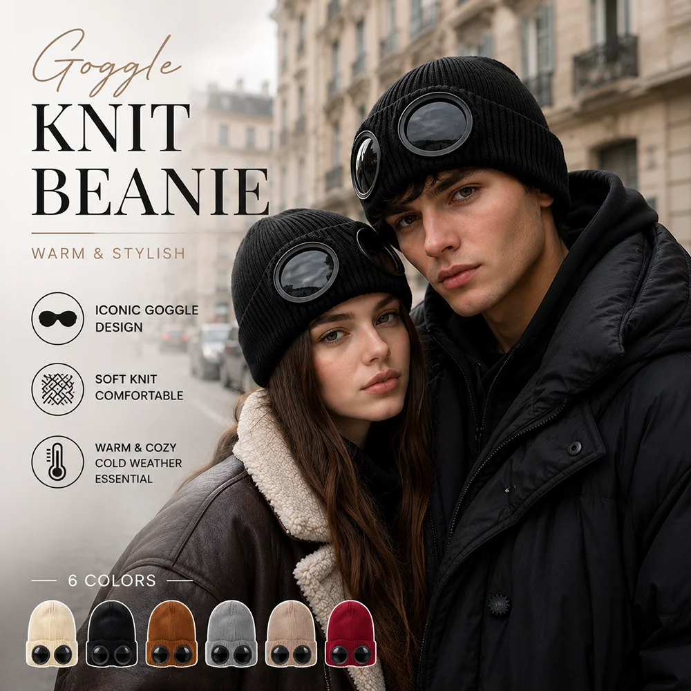 Goggle Beanie Winter Knitted Hat Unisex Warm Cuffed Skull Cap with Round Lens Steampunk Streetwear Hat for Men Women