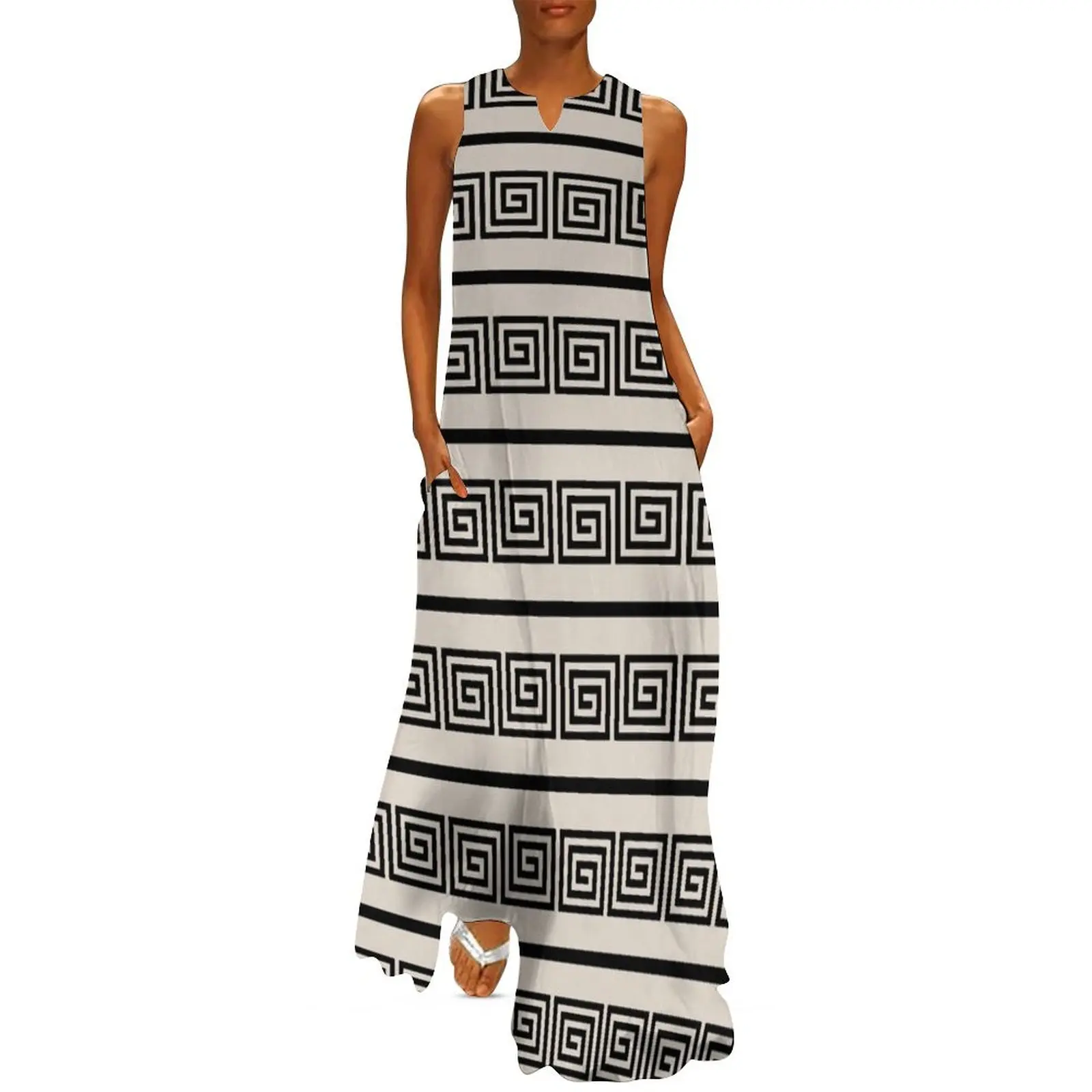 Greek Key and Line Linen White and Black Long Dress Women