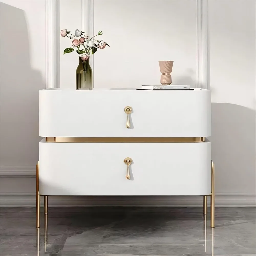 Comodino a due cassetti con manico in metallo, comodino in materiale PU, armadio portaoggetti per spazio abitativo