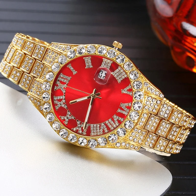 Hip Hop Watch for Men Iced Out Bling Full Diamond Luxury Quartz Watch Analog Roman Calendar Watch for Men Women