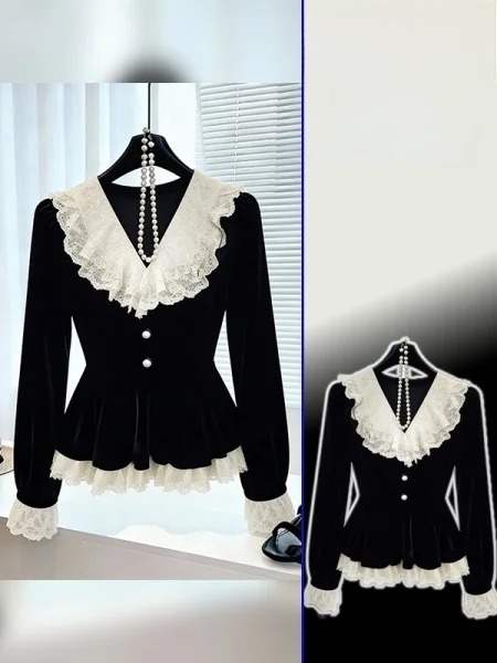plus Size Black Lace Splice Shirt Women's Style Korean Waist Cinched Long Sleeve V-Neck Button Closure Slimming Effect