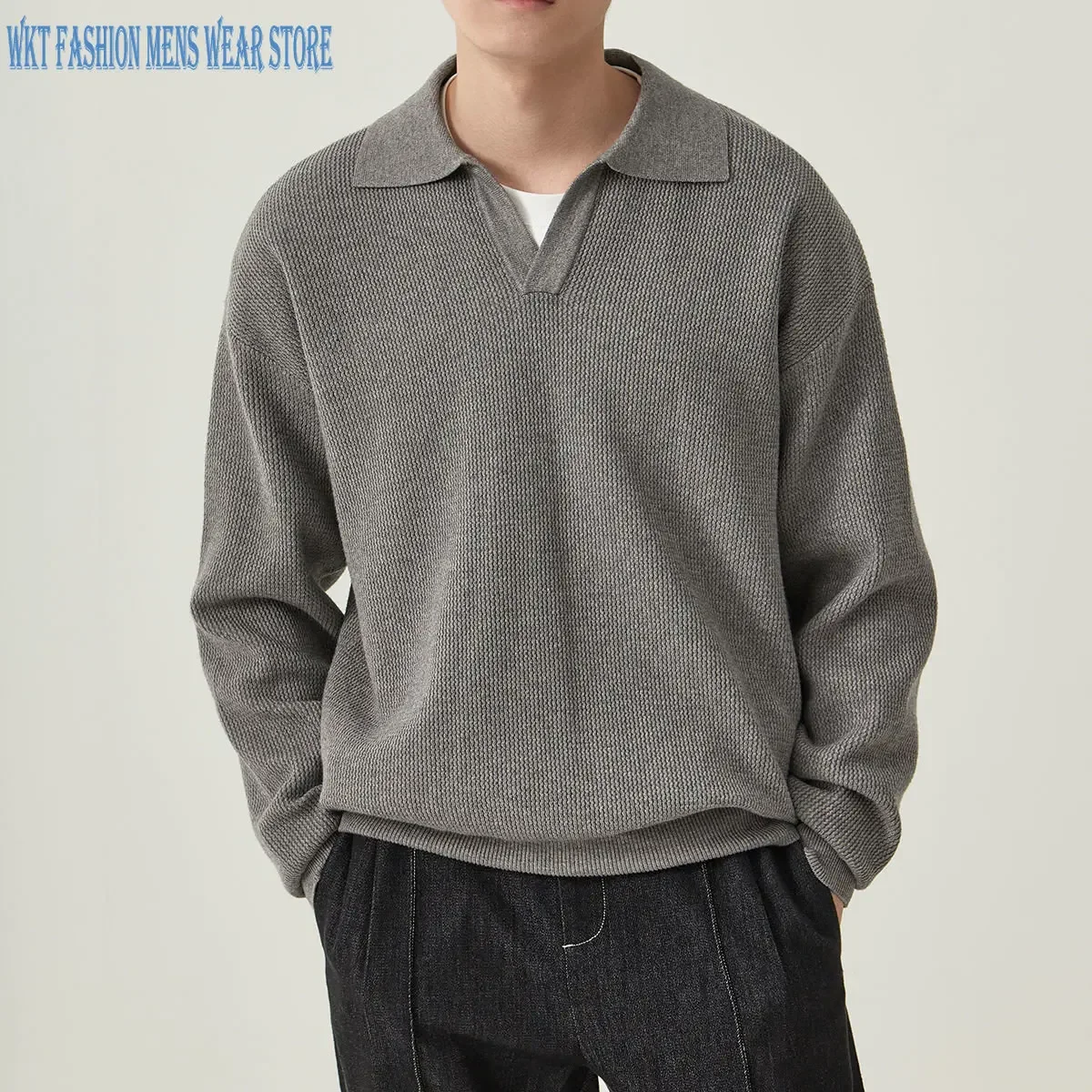 Winter V-neck Fashion Pullover Retro Polo Sweater Polyester Woolly Loose High-End Simple Solid Jumper Knitted Clothes for Men