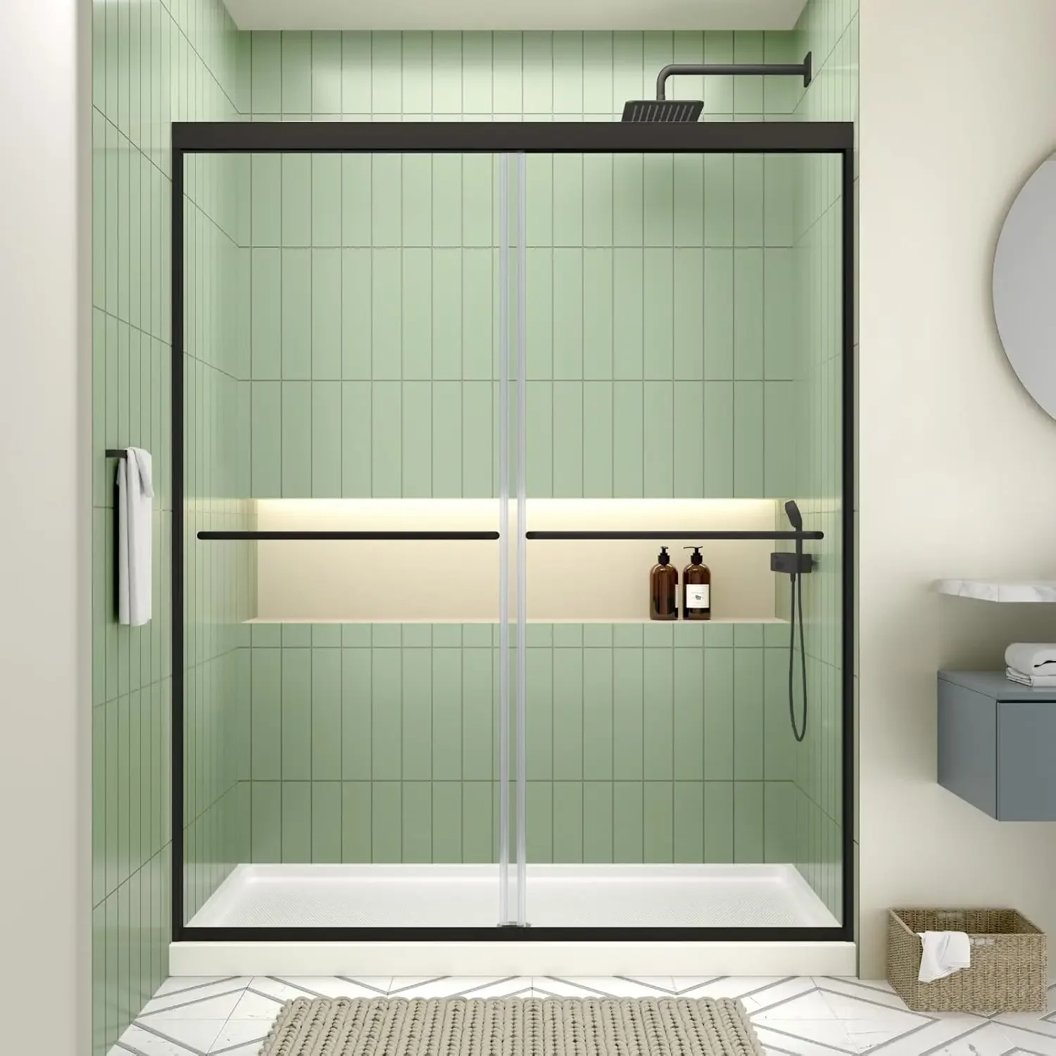 

44-48" W x 70" H Semi-Frameless Shower Door, Double Sliding Shower Door with 1/4" (6mm) Clear SGCC Tempered Glass, Matte Black F