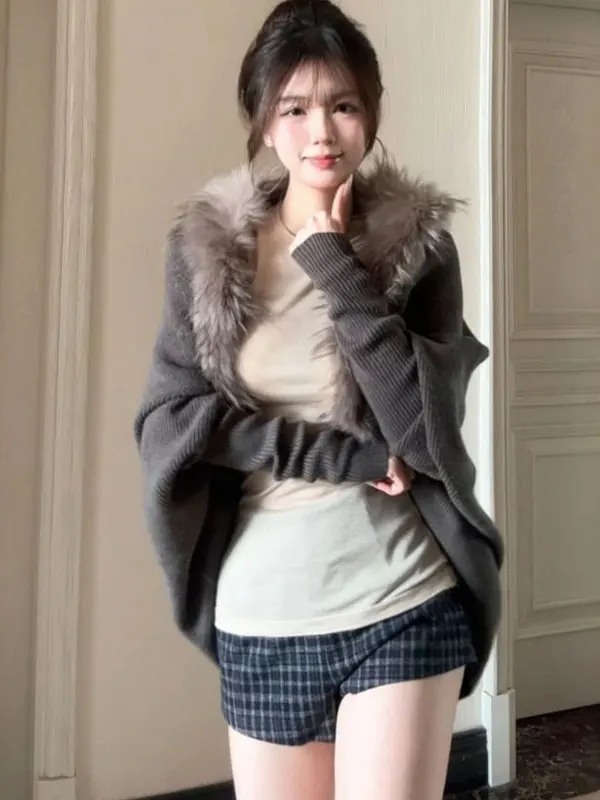 

Retro Design Long Sve Loose Knitwear with Fur Collar Ele Unique Sle Spring 2026 Korean Sle Women's Faion