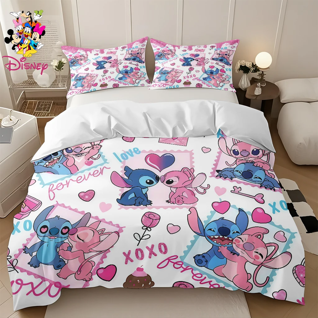 طقم غطاء لحاف ديزني ستيتش 2/3 قطعة بدون حشو، موضوع قلب للزوجين مناسب لغرف النوم العائلية وغرف الضيوف، للاستخدام في جميع المواسم