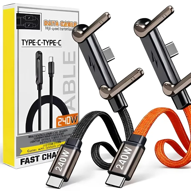 240W Quick Charging Type-C Elbow Cables with Invisible Phone Kickstand Nylon Braided USB C To C Cord for iPhone Samsung Xiaomi