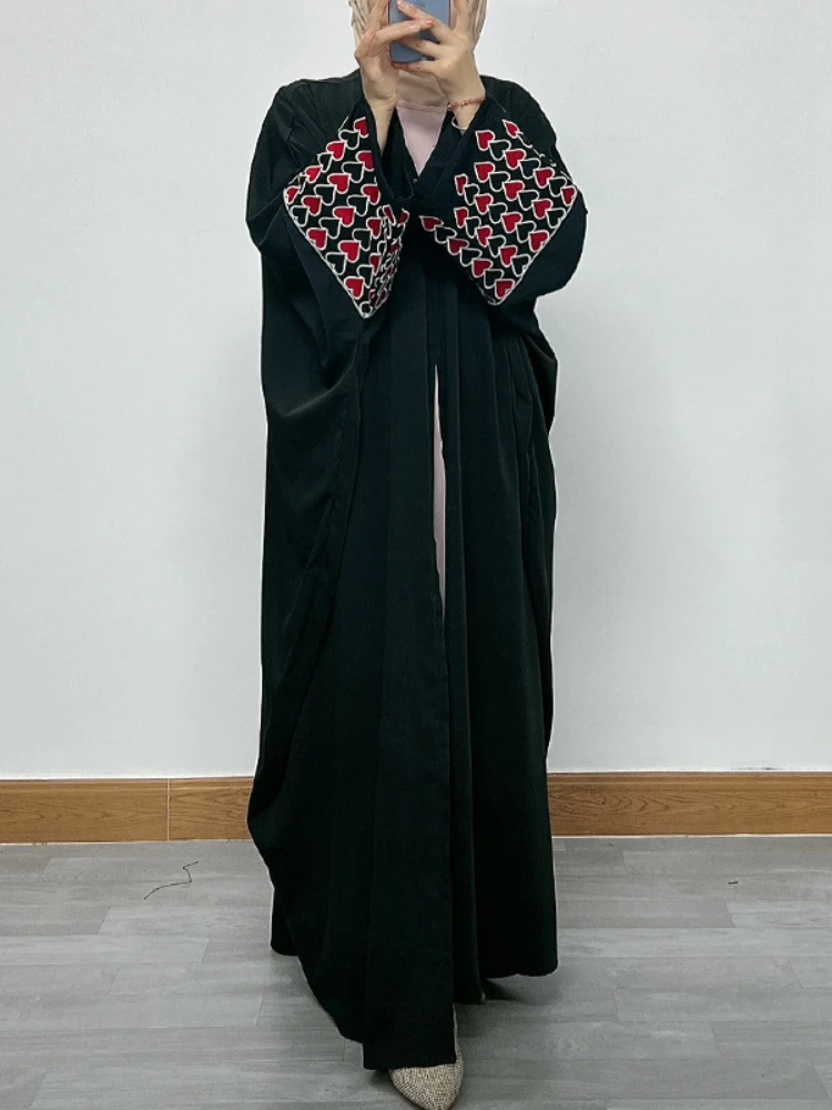 Love Heart Embroidery Muslim Abaya for Women Eid Dress Morocco Ramadan Black Abayas Kaftan Islam Cardigan Dubai Arab Long Robe