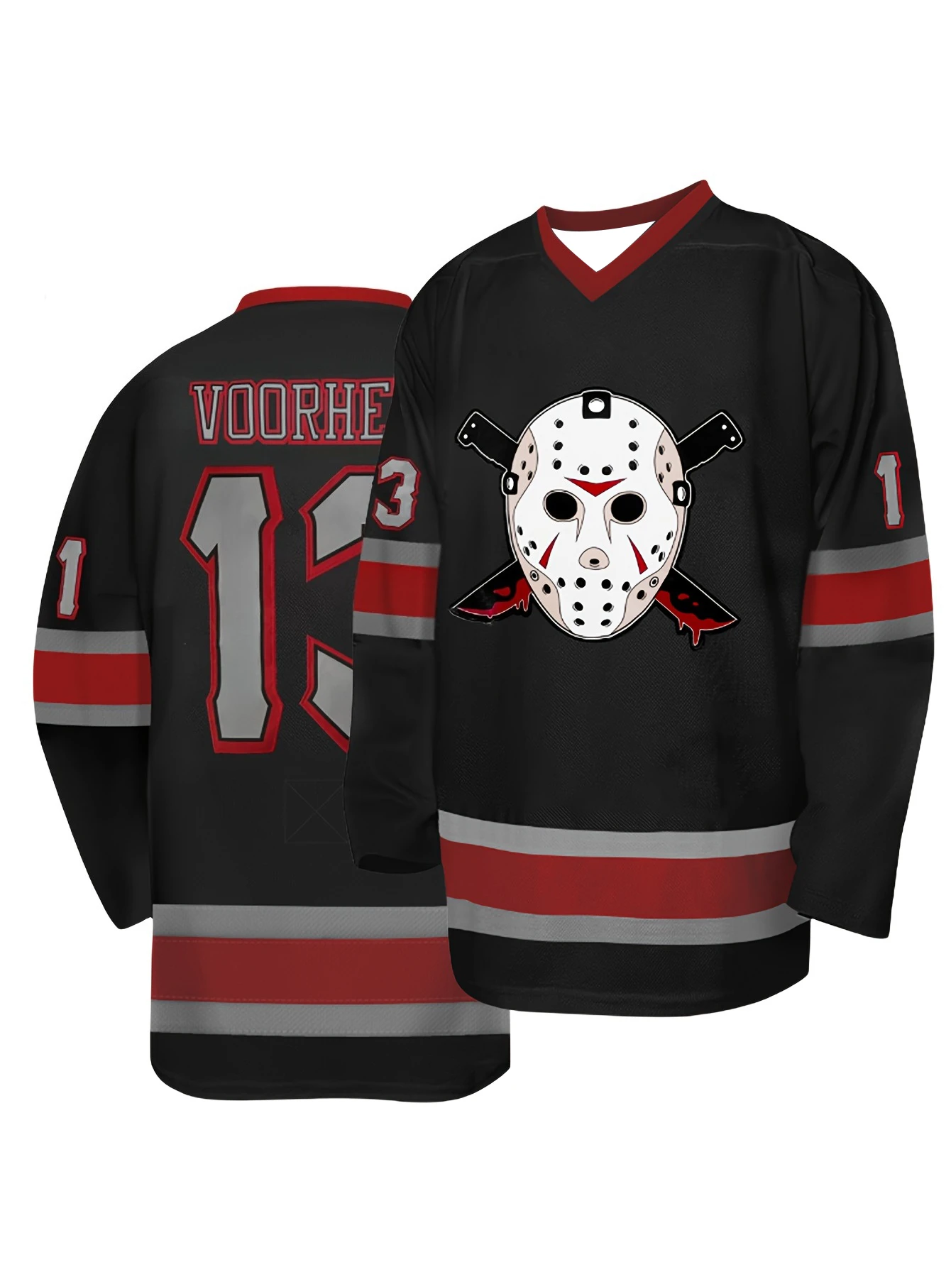Camisa de hóquei com tema de terror – preta com detalhes vermelhos e cinza, máscara Jason "Voorhees 13" e camisa atlética gráfica de facas cruzadas