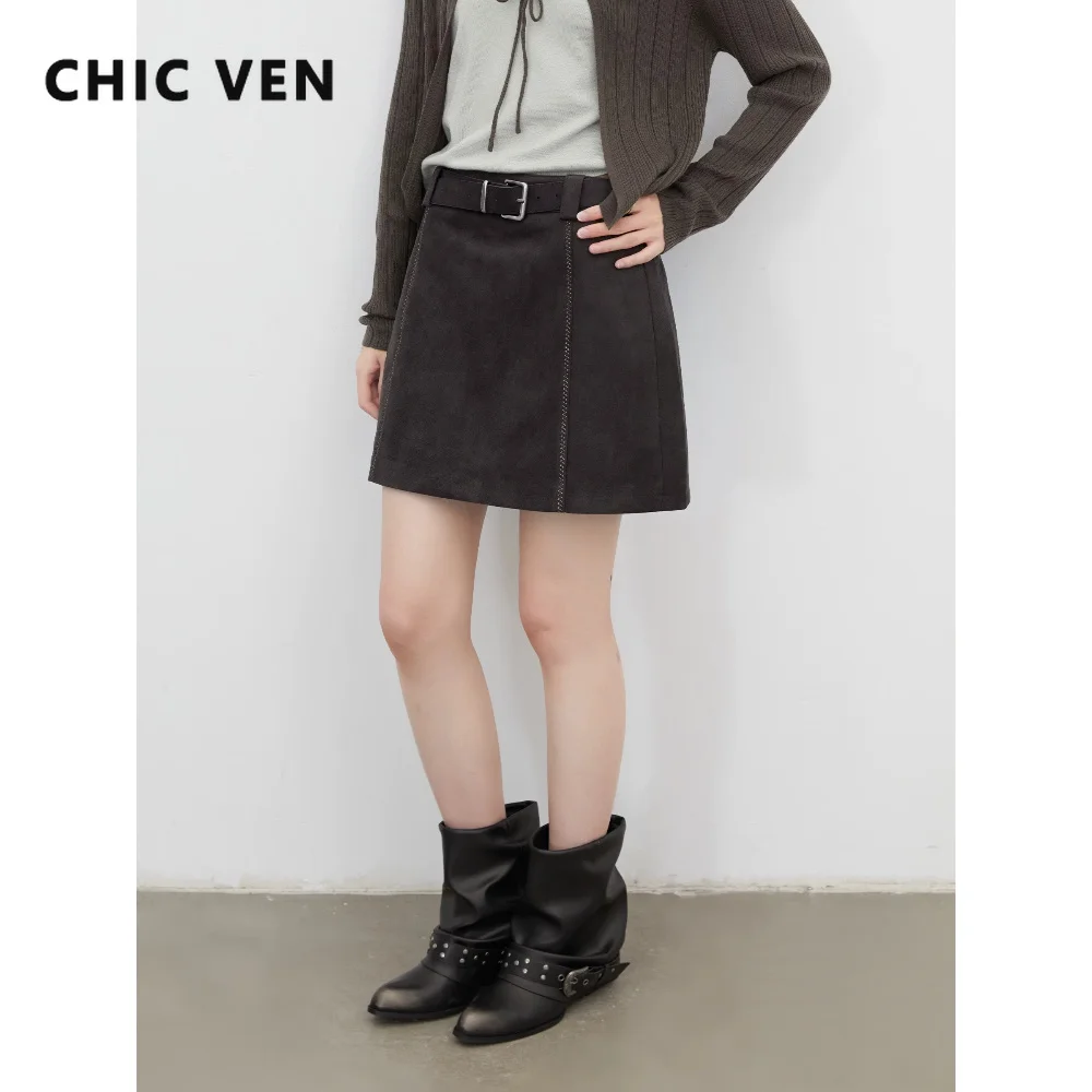 CHIC VEN Korean Women's Skirts with Belt Retro High Waist Suede Leather with Bright Thread  A-line Skirt Spring Autumn New 2026