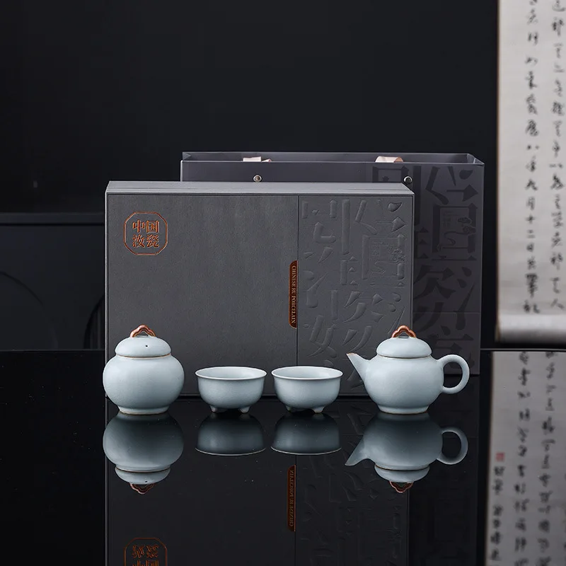 

Ru Kiln Чайный сервиз Подарочная коробка Маленький чайник Чайная чашка в китайском стиле Керамическая высококачественная чайная чашка Домашний бизнес-сувенир