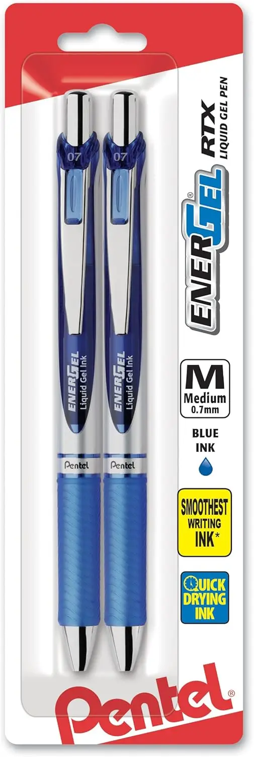 

0.7mm Retractable Liquid Gel Pen, Smooth Writing, Blue Ink, Metal Tip, 2 Pack