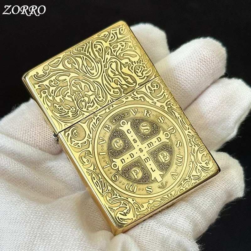ZORRO Original Kerosene Lighter Retro Creative Pure Copper Shell Windproof Brass Cigarette Gasoline Engine Smoking