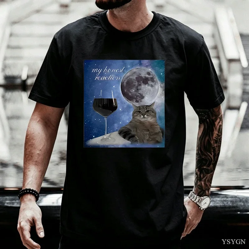 Funny Wine Cat Meme Silly T Shirts Men Women Printing Oversize T Shirt Causal Short Sleeve Loose Basic Tee Round Neck Tops